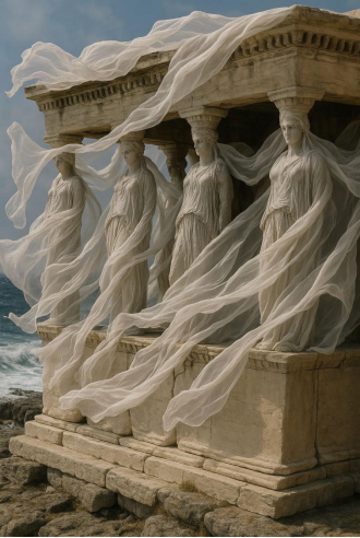 #Caryatidi, ki tečejo v vetru# slog skulpture je tesno povezan s starogrško umetnostjo