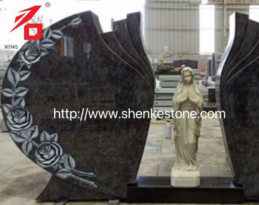 Dvojno izrezljana Rose Mary Headstone Bahama Blue Granit